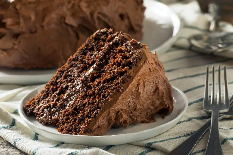 A slice of chocolate cake on top of a white plate.