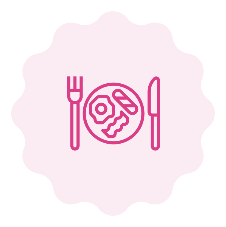 A pink and green background with a fork and knife